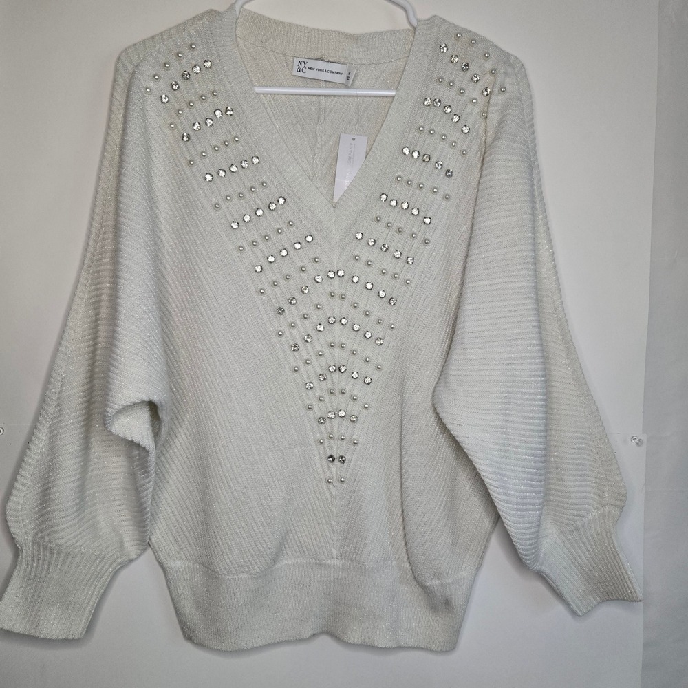 New York & Company Ivory Shimmer Pearl Rhinestone V-Neck Sweater Medium NWT